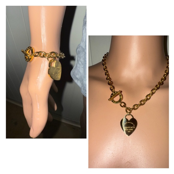 not sure Jewelry - Engraved Gold Heart Tag Bracelet and necklace set